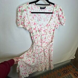 Polo Ralph Lauren Linen Floral Midi Dress Pink White Button Front Puff Sleeve 12